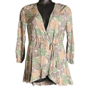 Blue Island Beach Swim Cover Up Dress Wrap Tie Palm Tropical Vacation Women's XS